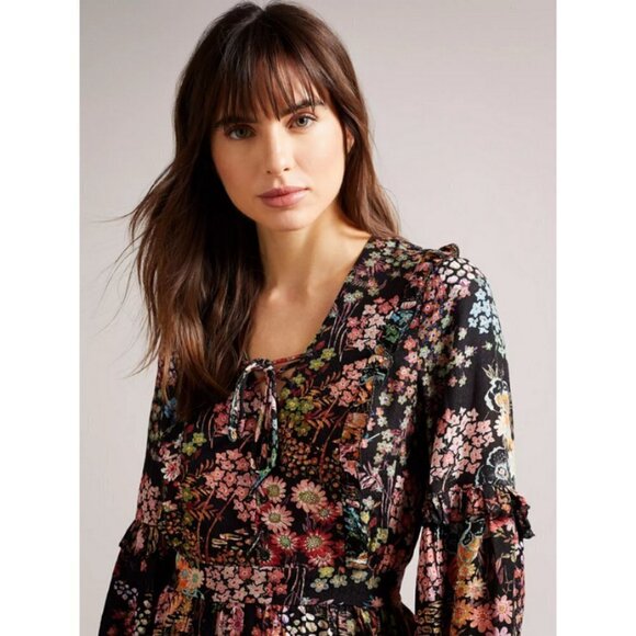 💕TED BAKER💕 Hendria Ruffled Crepe Mini Dress ~ Black Floral Print 4-6 US NWT - Picture 3 of 16